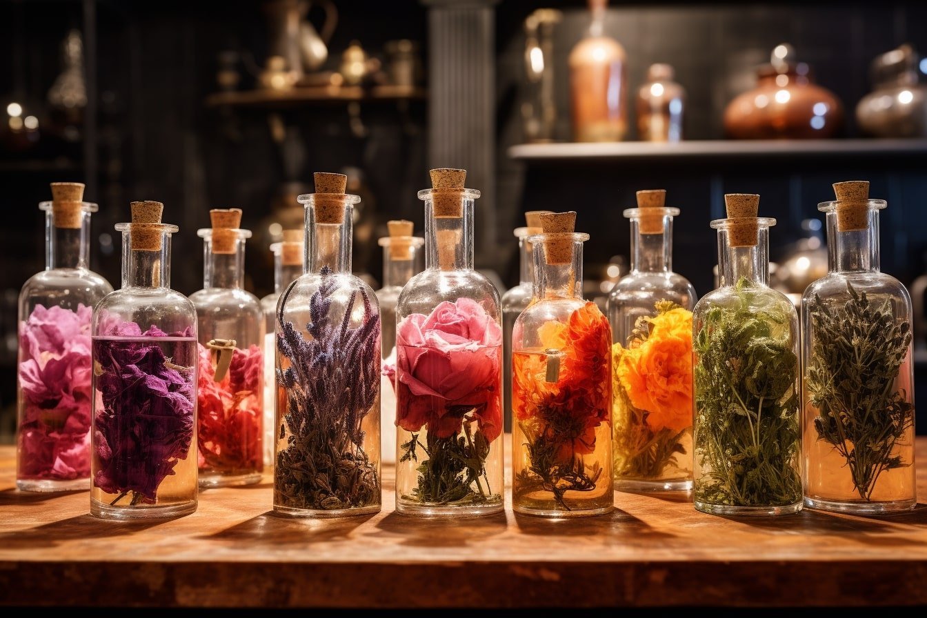 This shows bottles full of flowers and herbs.