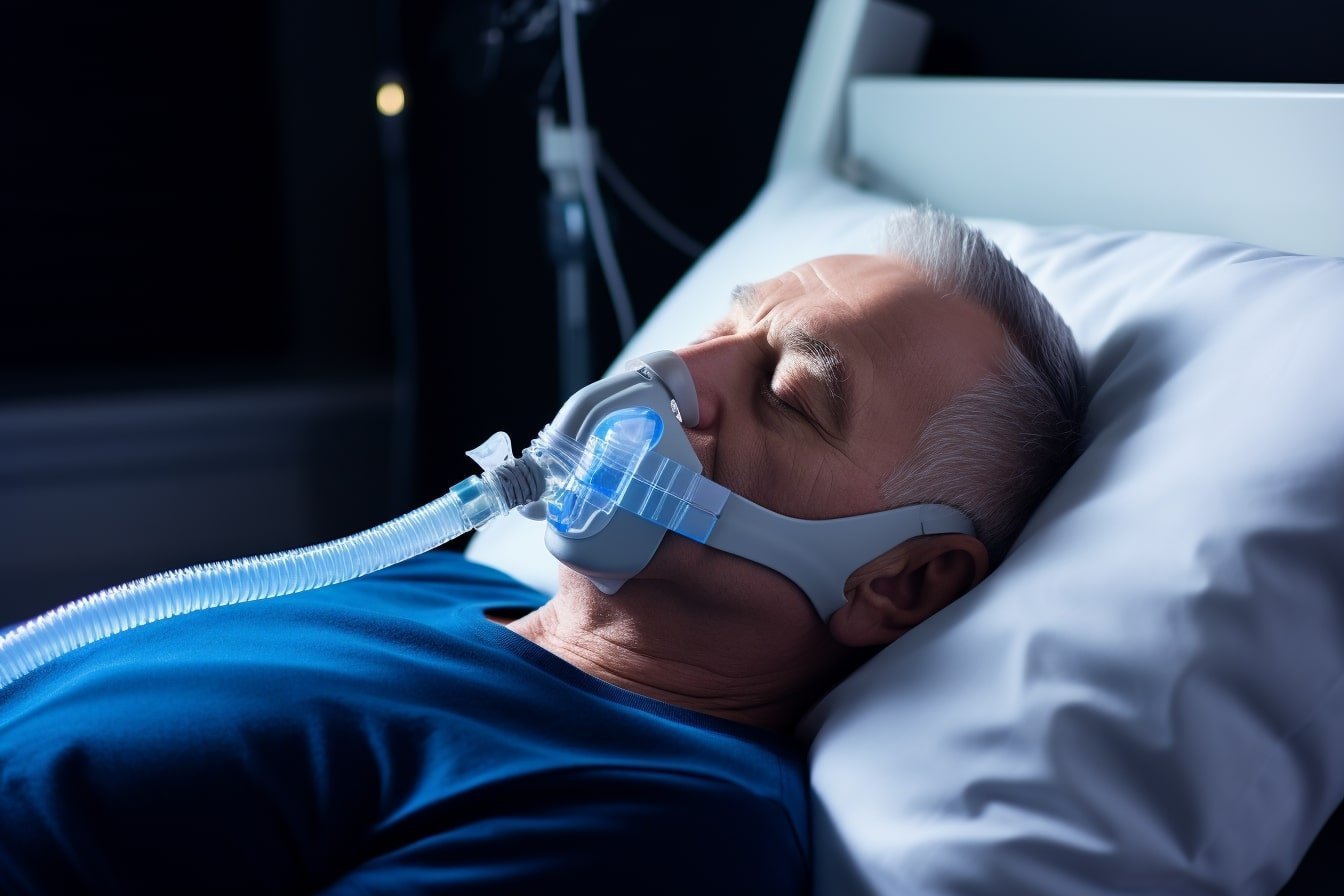 图中显示一名男子戴着 CPAP 睡眠呼吸机。