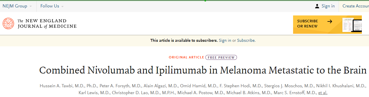 NEJM突破性成果！联合免疫疗法显著缩小黑色素瘤的脑转移