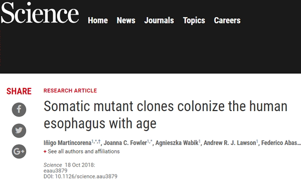 意外！Science：人到中年，超一半食道细胞携带基因突变